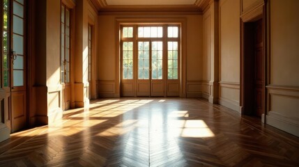 Sunlit Interior with Hardwood Floors and French Doors in an Elegant Room