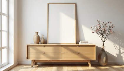 Minimalist living room, wooden commode, poster mock-up, ceramic vase, book , elegant, shelf