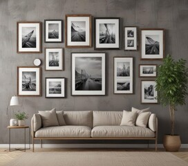 Gallery wall mockup; various sized frames on textured wall  Stylish home decor display ,  room decor,  wall art,  display