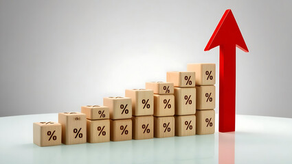 Wooden blocks with percentage signs leading up to a red arrow, concept of interest rate increase