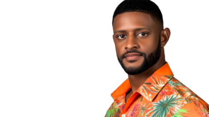Serious African man poses confidently in bright shirt, cut out transparent