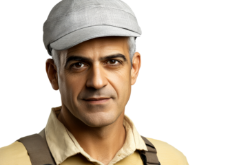Attractive man with flat cap and suspenders looking forward, cut out transparent