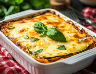 Savory, cheesy lasagna dish.  Fresh basil atop