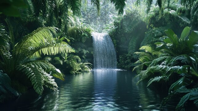 Lush jungle waterfall pool; tranquil rainforest scene; nature background; travel imagery