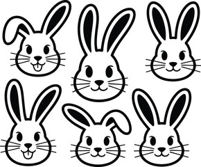 Six adorable bunny faces black and white clipart