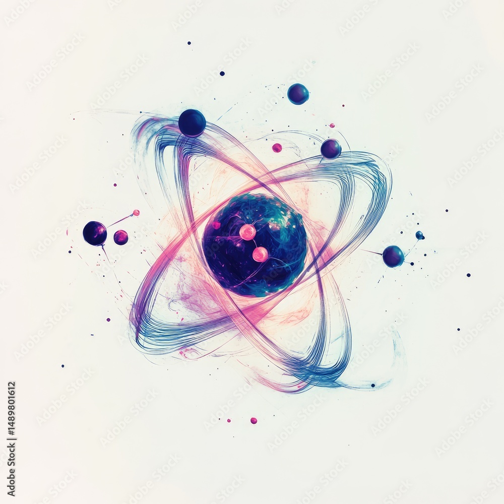 Poster abstract atom model rendered with swirling pastel hues and dark core, surrounded by orbiting particl