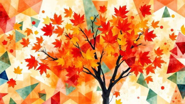 A vibrant autumnal maple tree with orange and red leaves is depicted in a colorful geometric abstract watercolor painting style. - Powered by Adobe