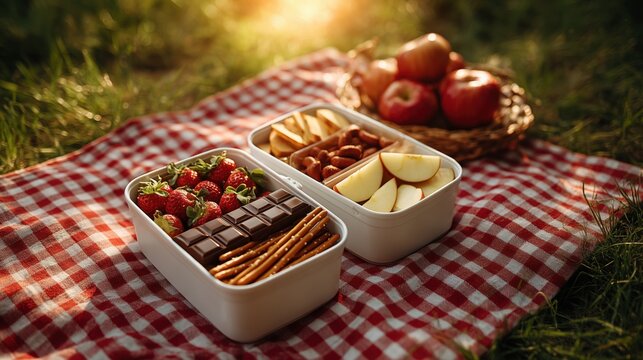 Bento-style picnic lunch with fruit, chocolate, fries and pretzels on red checkered blanket in grass perfect for Swiss National Day celebration, family meals and seasonal outdoor snacks