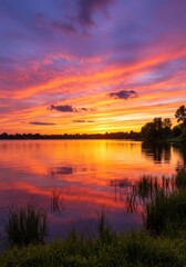 Obraz premium Vibrant Sunset over Calm Lake with Colorful Reflections