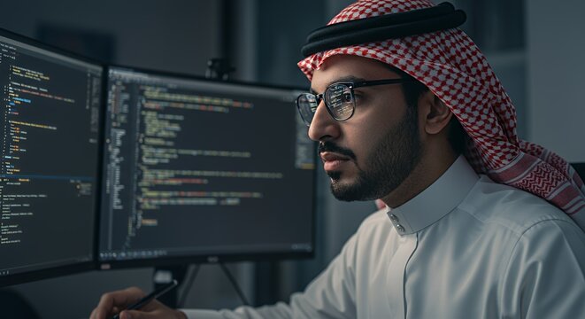Arab Programmer Working Late Night