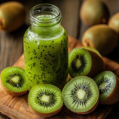 Fresh Green Kiwi Juice in Glass Bottle with Sliced Kiwis on Wooden Board