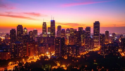 Fototapeta premium Vibrant Cityscape at Dusk with Warm Orange and Purple Hues