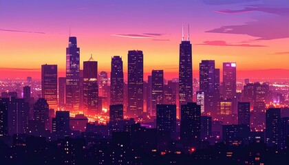 Naklejka premium Urban Cityscape at Dusk with Warm Hues and Emerging City Lights
