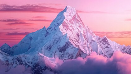 Majestic peak piercing the clouds at sunset. A breathtaking mountain range bathed in a vibrant pink and purple sunset glow. Layers of snow-capped peaks rise above fluffy clouds