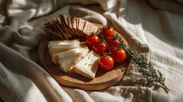 Close-up of rustic cheese platter with cherry tomatoes, rosemary and crackers in soft morning light ideal for Swiss National Day food styling and traditional countryside menus - Powered by Adobe