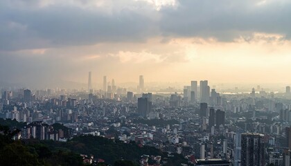 Fototapeta premium Cloudy Cityscape with Diffused Light and Muted Colors Over Urban Skyline