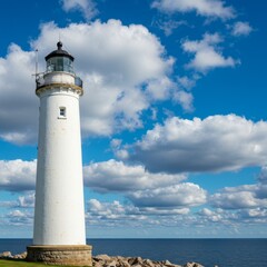 White Lighthouse under a Blue Sky with Puffy Clouds