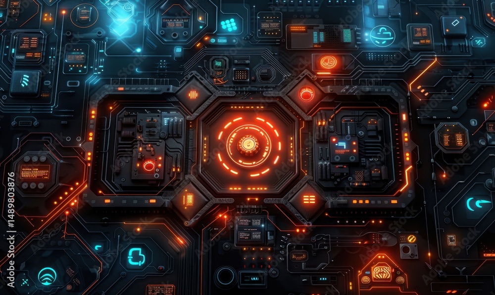 Poster futuristic digital interface, glowing core, tech background, system control, data processing