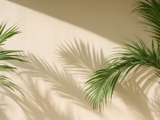 Minimalist Tropical Scene. Palm Fronds, Shadows, and Textured Beige Wall Backdrop.