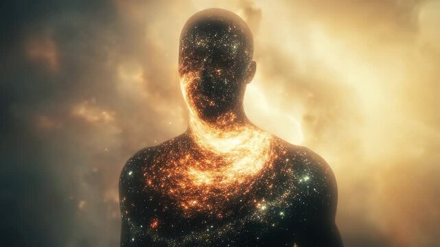 Cosmic Entity Embodiment: Humanoid Silhouette Filled with Galaxy, Universe, Stars, and Nebula Against a Dramatic Sky Background