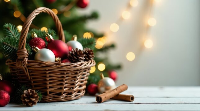 A Festive Wicker Basket Filled with Ornamental Spheres and Pine Cones, Set Against a Blurred Background of a Decorated Evergreen Tree and Warm Lights, with Cinnamon Sticks in the Foreground