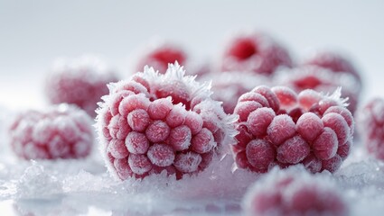 Frozen raspberries glistening with ice crystals against a light background, closeup view.