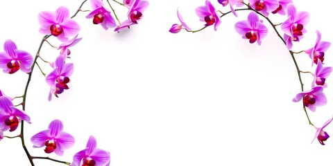 Delicate purple orchids form a lush, vibrant border against a pure white background Soft focus highlights the blossoms, flora, beautiful © Surangkanang