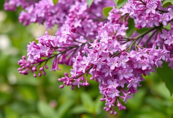 Obraz premium Delicate purple lilac blossoms burst forth on slender branches, vibrant against a soft green garden backdrop, spring bloom, fragrance