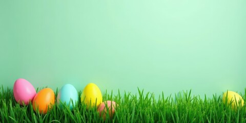 Fototapeta premium Pastel Eggs Nestled in Vibrant Green Spring Grass Against a Soft Mint Background, Perfect for Festive Springtime Designs and Celebrations