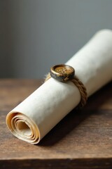 A Rolled-Up Parchment Document Secured with a Decorative Seal and Twine, Resting on a Rustic Wooden Surface