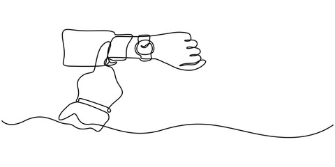 Continuous single line sketch drawing of people hand wearing wrist watch, Minimalist illustration for beauty and fashion, Hand wearing a wristwatch in continuous line drawing, businessman looking time