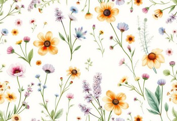 Delicate watercolor wildflowers & herbs in a charming seamless pattern on white , watercolor, summer