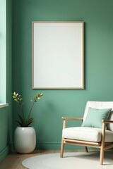 Blank portrait frame, green eucalyptus, simple Scandinavian room , simple design, still life, nordic style