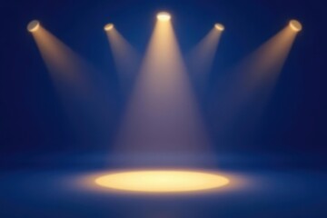 Illuminated Stage with Four Spotlights, Centered on a Circular Area of Light on a Deep Blue Background