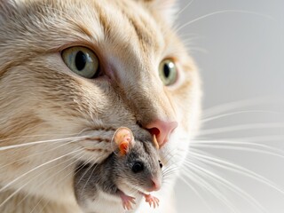 A ginger cats closeup with a gray mouse in its mouth, natural instinct revealed.