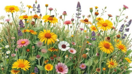 Fototapeta premium A vibrant summer meadow bursting with colorful wildflowers and grasses against a crisp white background creating a cheerful floral scene.