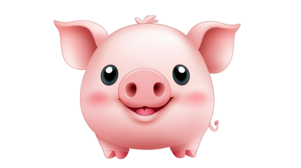 Closeup of an adorable pink pig with big, expressive eyes and a wide, cheerful smile