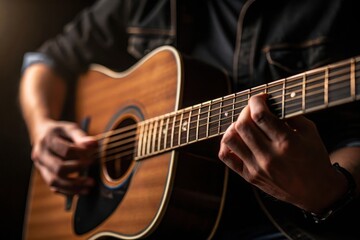 Obraz premium Man playing acoustic guitar in dark studio setting
