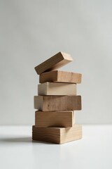 A precarious stack of light wood blocks, subtly angled, suggesting instability and the potential for collapse, a metaphor for risk and delicate balance