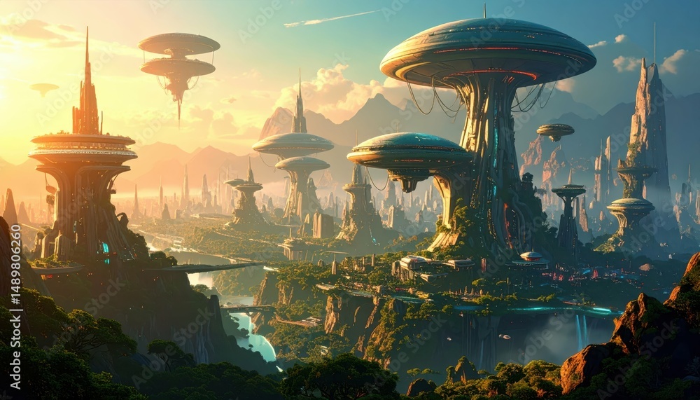 Aufkleber unique cityscape in world with inconsistent gravity and architecture