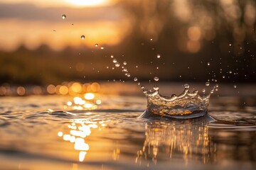 Water drop creates a crown splash on a lake at sunset