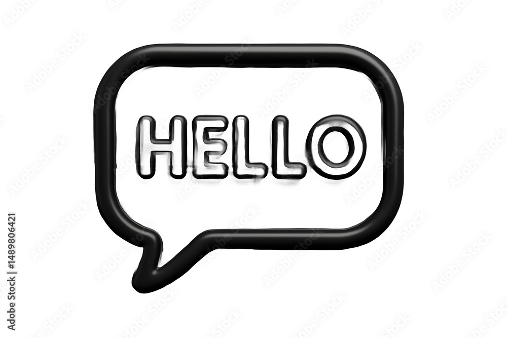 Poster sleek black 3d render of a speech bubble with the word hello. 3d plastic style icon. isolated on tra