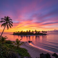 Obraz premium Vibrant Sunset Over Tropical Island Beach