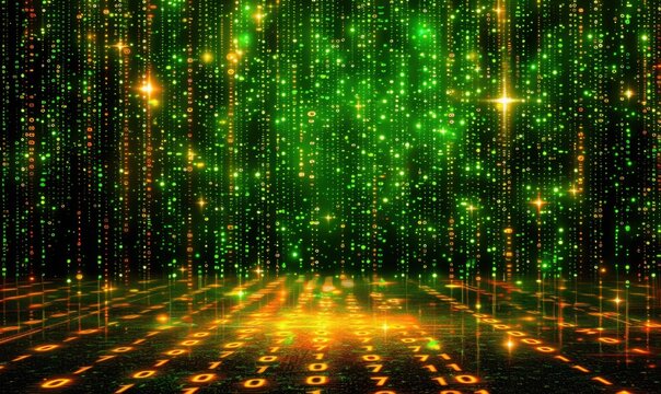 Glittering digital rain background, binary code floor, data stream, futuristic technology, website design