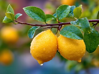 Dewkissed lemons gleam on branch