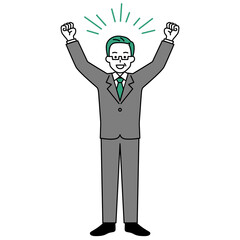 バンザイで喜ぶ中年のスーツの男性（全身）