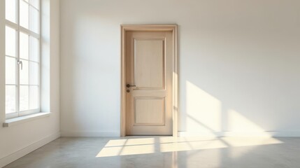 Sunlight streams through a window illuminating an empty room with a light wood door and concrete floor