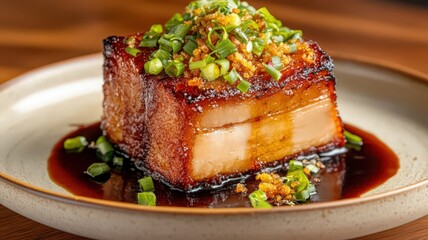 Crispy Pork Belly on Glazed Ceramic Plate with Soy Dipping Sauce and Green Garnish