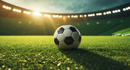 Naklejka premium Soccer Ball on the Field, Stadium Lights, CloseUp View Ready for Kickoff