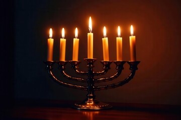 Nine menorah candles glow in darkness, ample copy space , macro, celebration